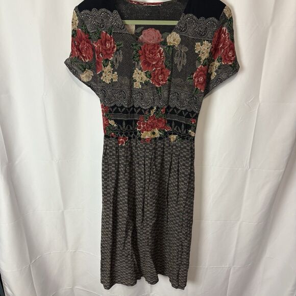 Vintage 80s/90s Floral Midi Dress Button Front Cottagecore Tie Back Babydoll Lrg - Picture 1 of 5